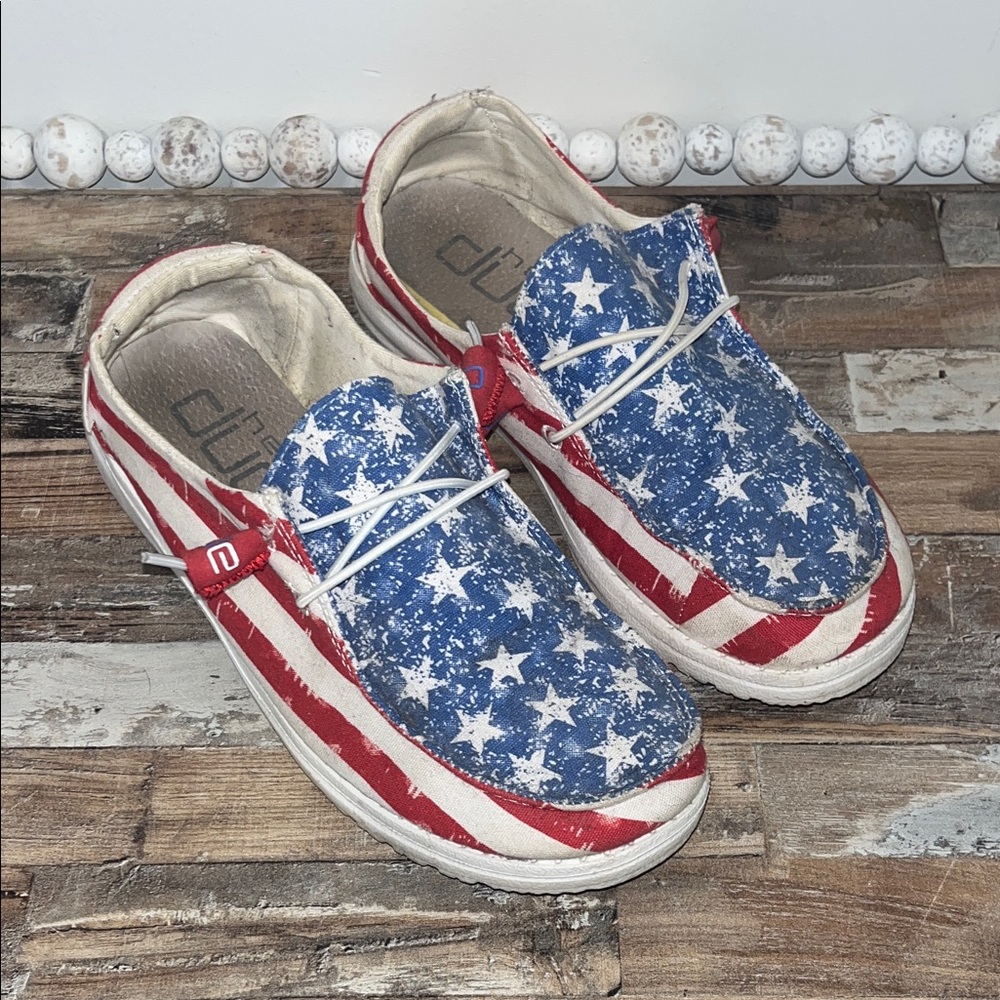 Hey Dude Sneakers in Red, White, and Blue